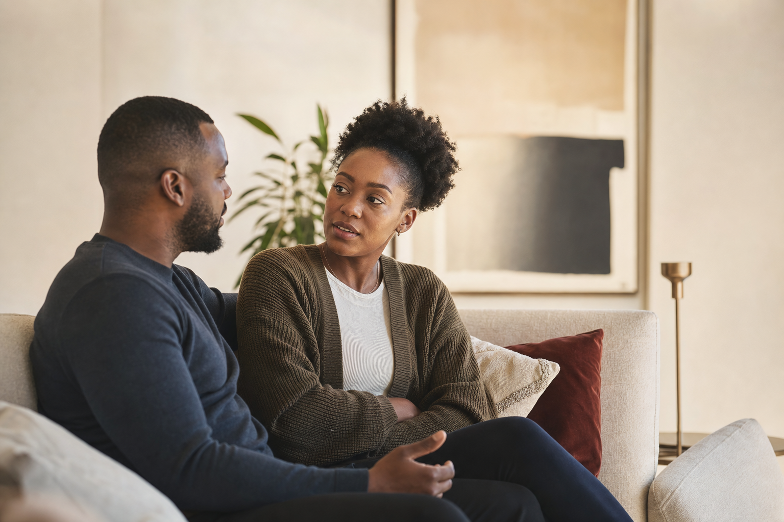A woman listening attentively during a calm conversation at home